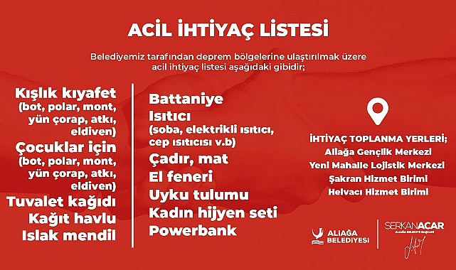 Aliağa Belediyesi’nden Deprem Bölgesi İçin Yardım Kampanyası